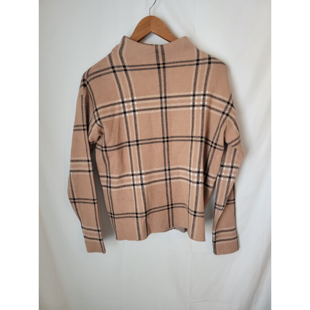 TAHARI Women's S Small Plaid Mock Neck Knit Sweater Pullover Tan Black White